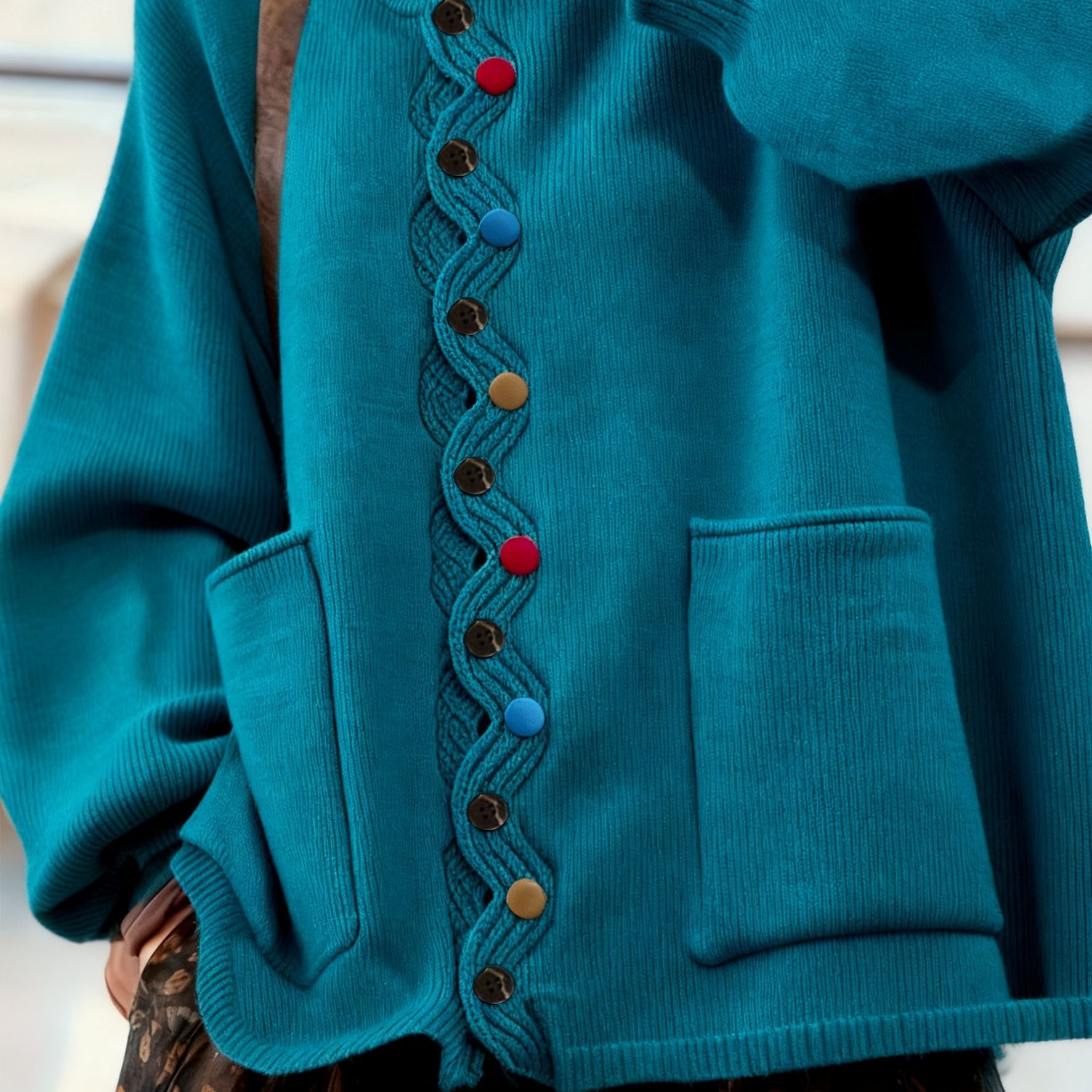 Teal cardigan with colorful buttons on a neutral background