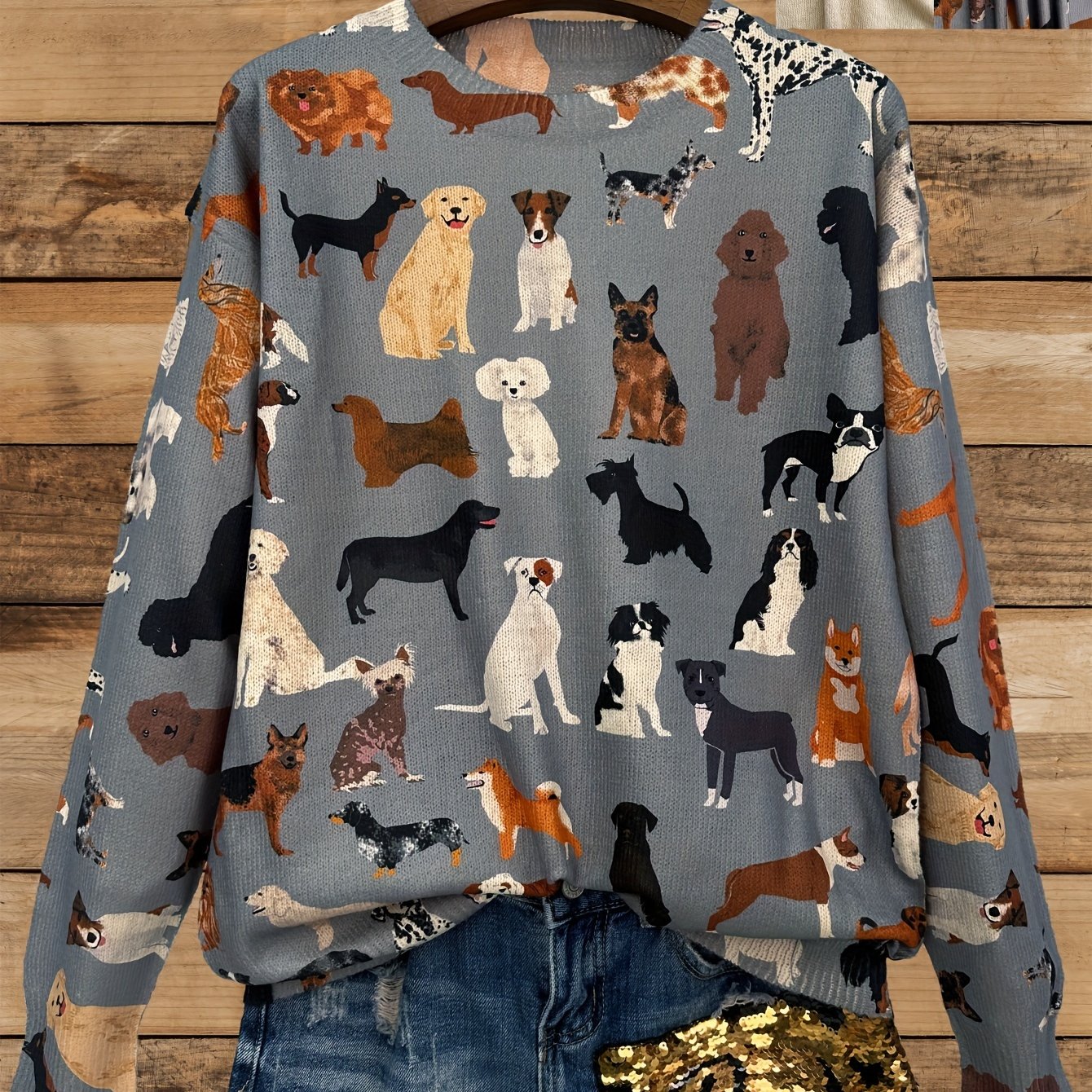Lightweight Women'S Sweater with a Round Neck And Long Sleeves, Featuring an All-Over Print of a Group of Dogs in a Stylish And Casual Design.