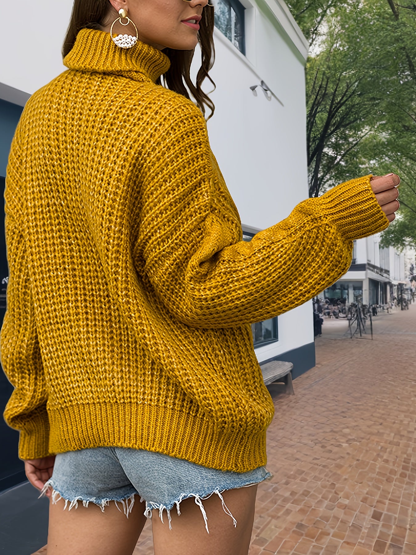 Plus Size - Women'S Plus Size Chunky Cardigan - Cozy High-Neck Cable Sweater in Mustard Yellow, Casual Fall/Winter Style with Frayed Hem Shorts and White Shoulder Bag, Winter Cardigan, Frayed Hem Shorts, Textured Fabric
