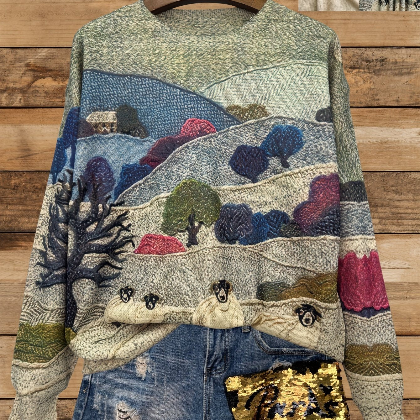 Sweater with a landscape design on a wooden background