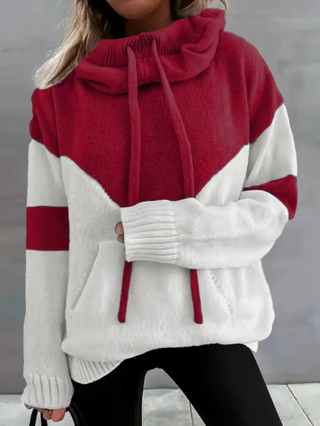 Plus Size Color Block Hooded Sweater - Drawstring Long Sleeve Pullover for Women | Fall/Winter Casual Top