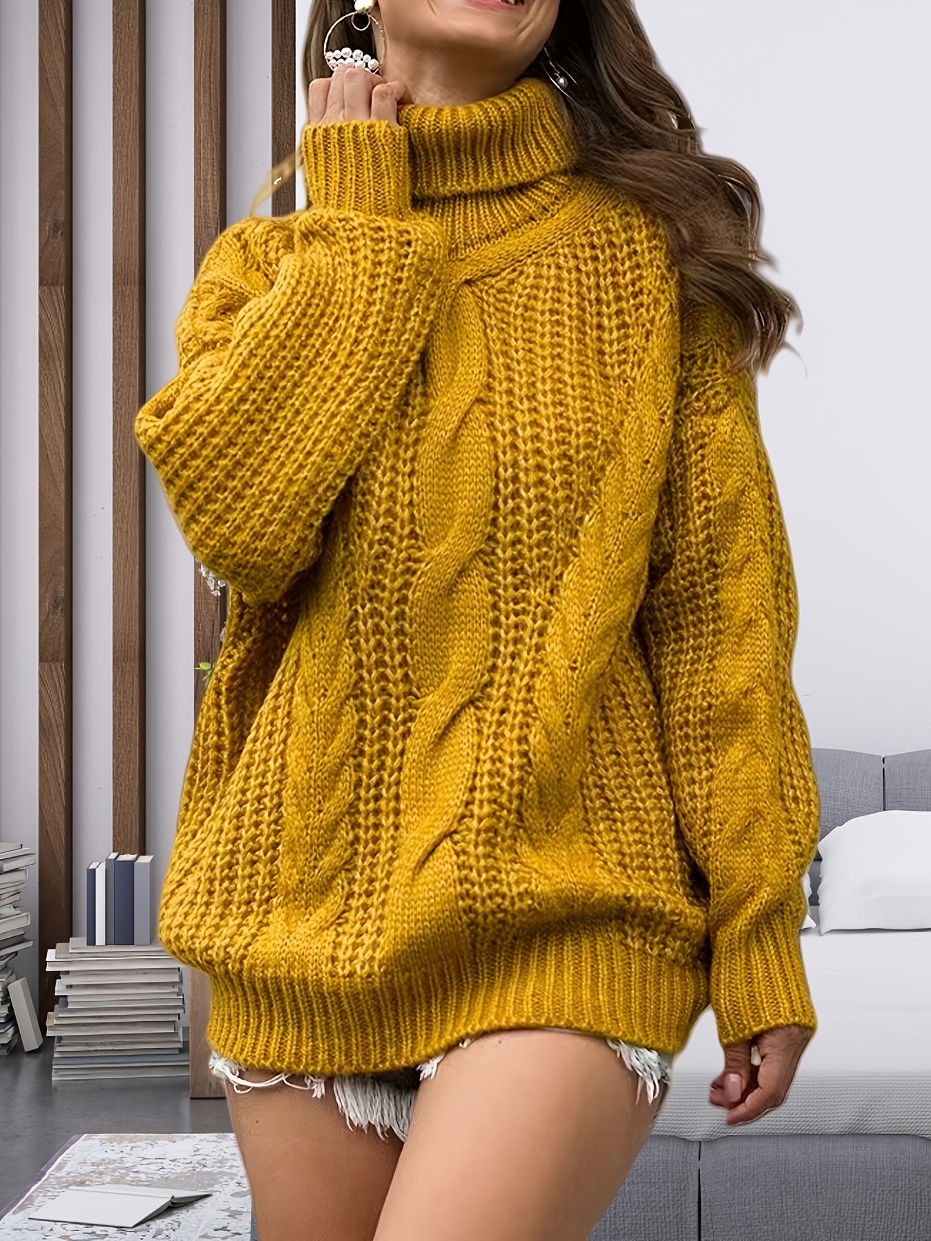 Plus Size - Women'S Plus Size Chunky Cardigan - Cozy High-Neck Cable Sweater in Mustard Yellow, Casual Fall/Winter Style with Frayed Hem Shorts and White Shoulder Bag, Winter Cardigan, Frayed Hem Shorts, Textured Fabric