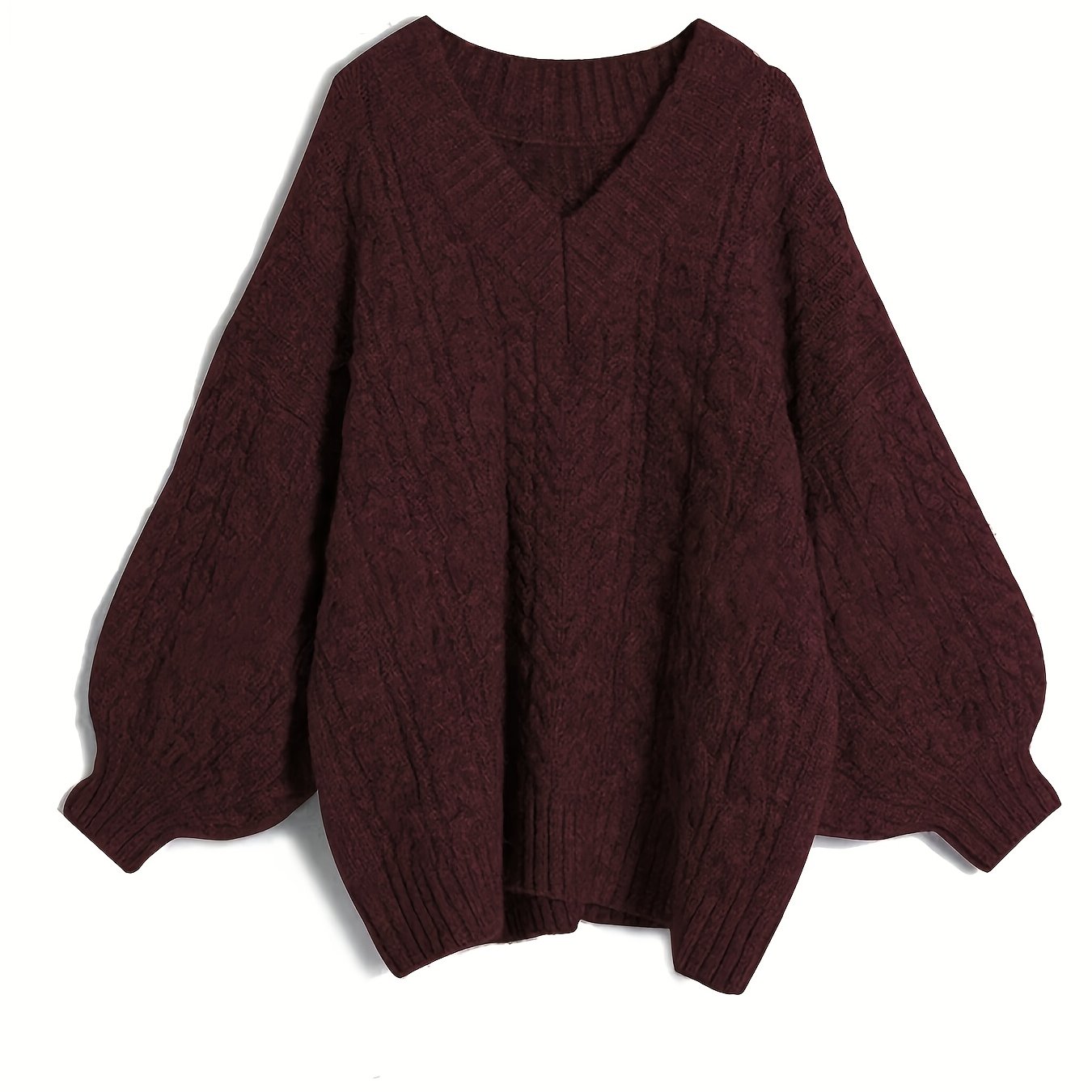 Plus Size V-Neck Cable Knit Sweater - Elegant Long Sleeve Pullover for Fall & Winter