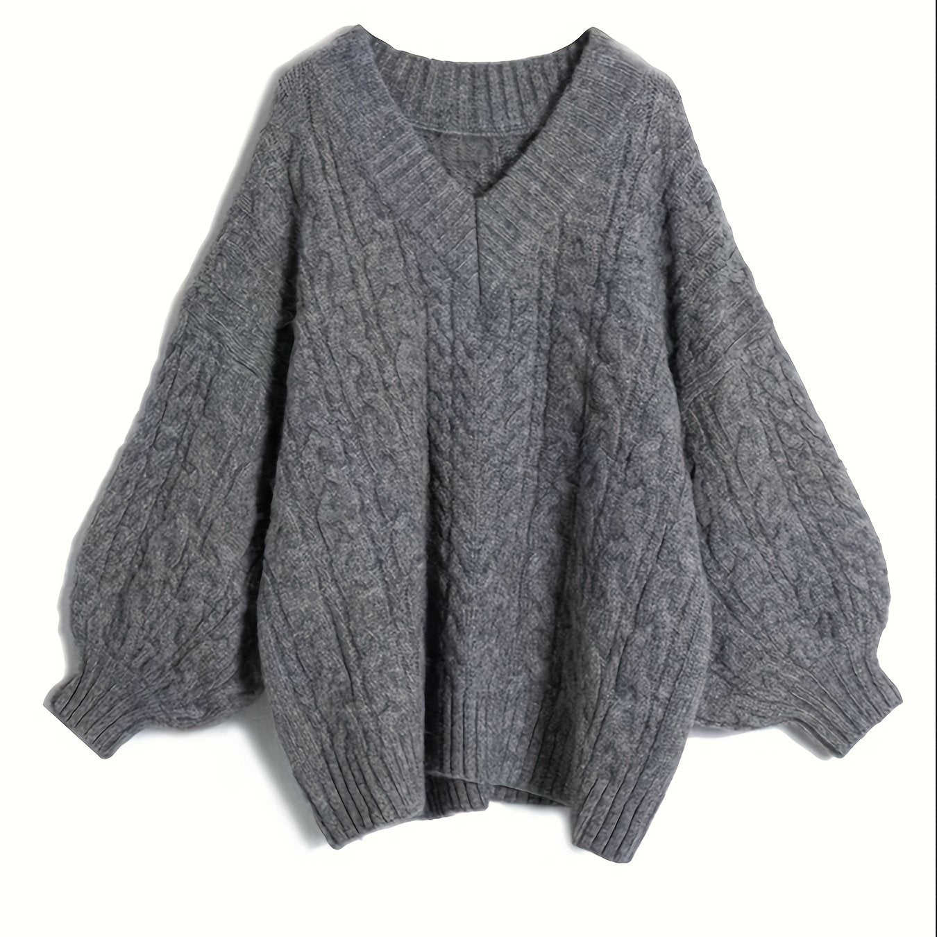Plus Size V-Neck Cable Knit Sweater - Elegant Long Sleeve Pullover for Fall & Winter