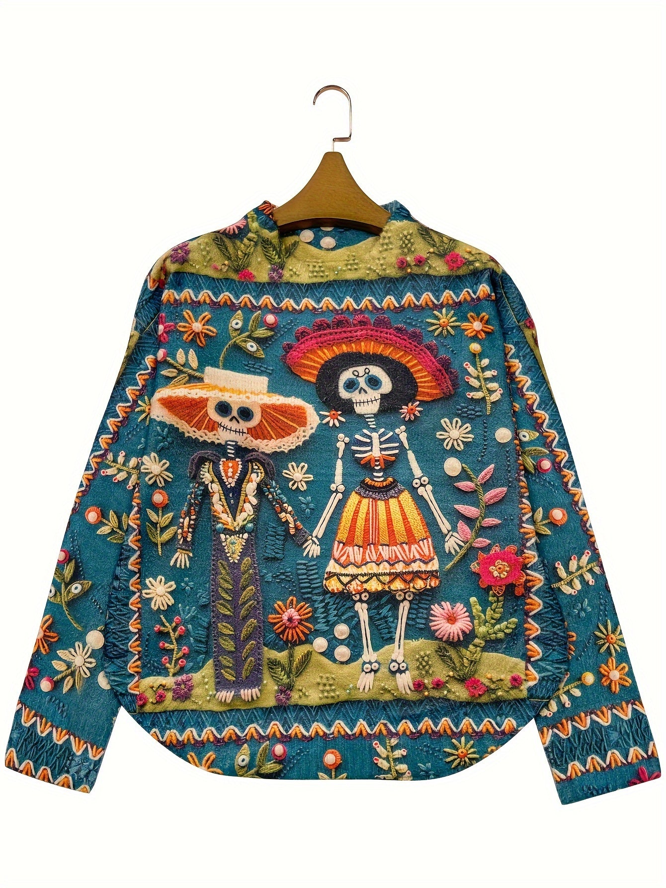 Colorful embroidered jacket with skeleton designs on a hanger against a white background
