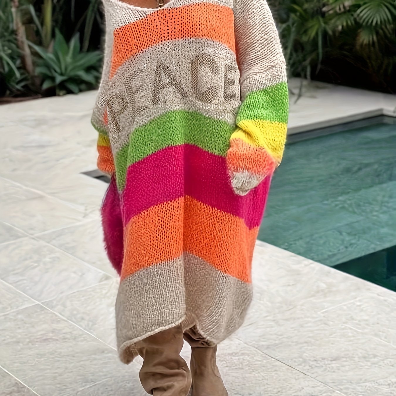 Plus Size Peace Letter Striped Knit Dress - V-Neck Midi