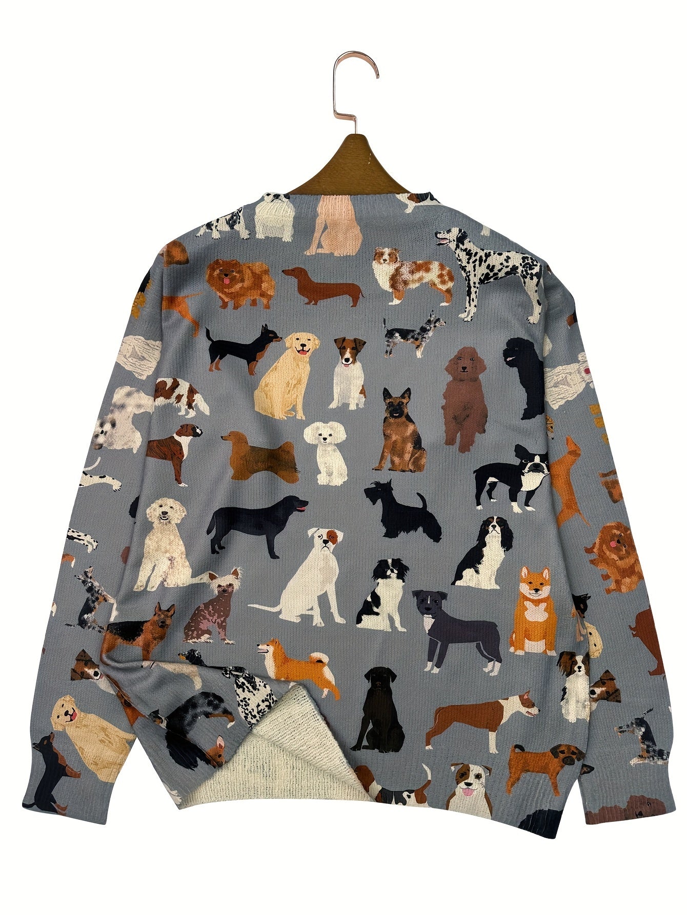 Lightweight Women'S Sweater with a Round Neck And Long Sleeves, Featuring an All-Over Print of a Group of Dogs in a Stylish And Casual Design.