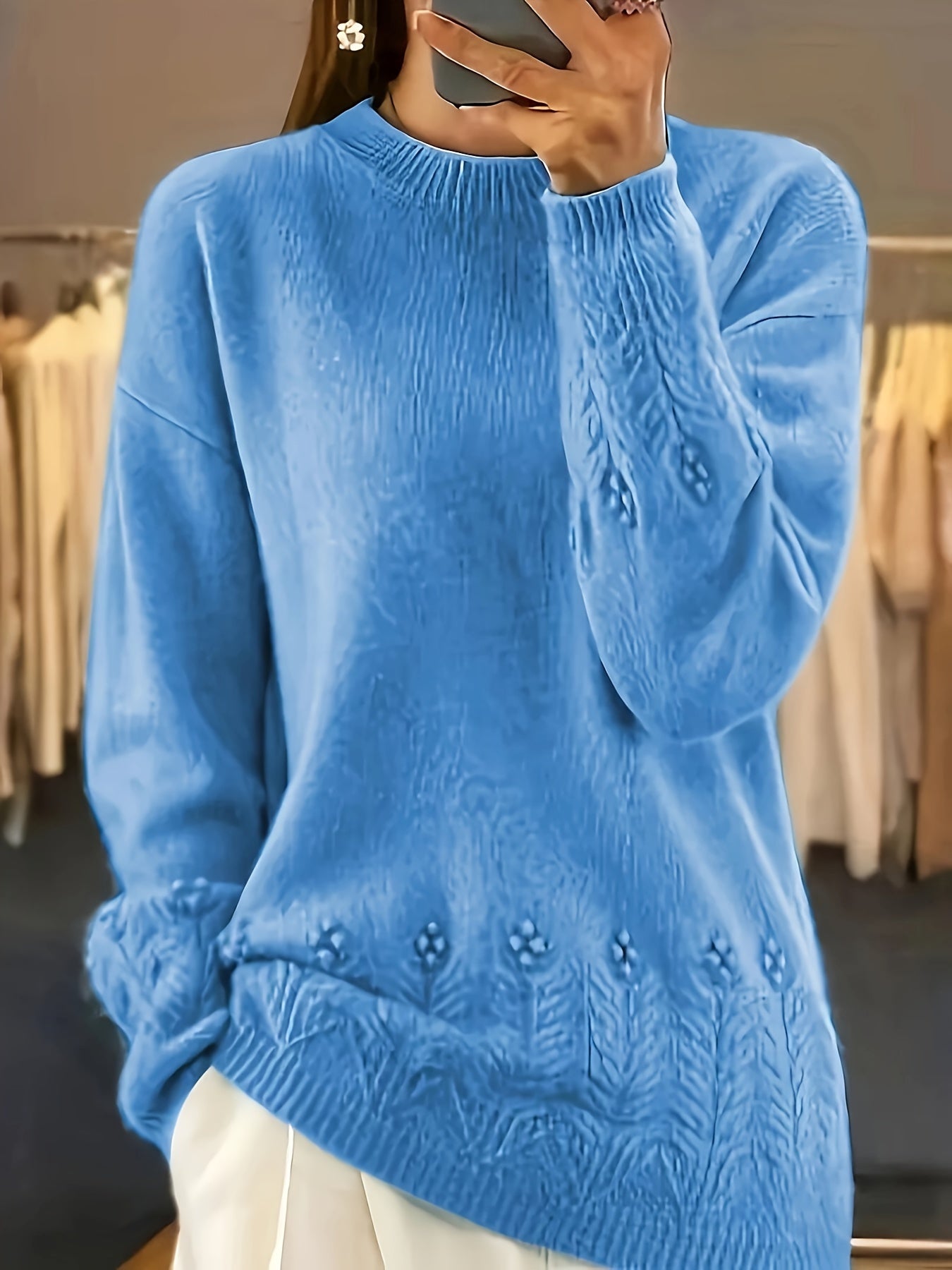 Plus Size Crew Neck Sweater - Solid Color Acrylic Knit