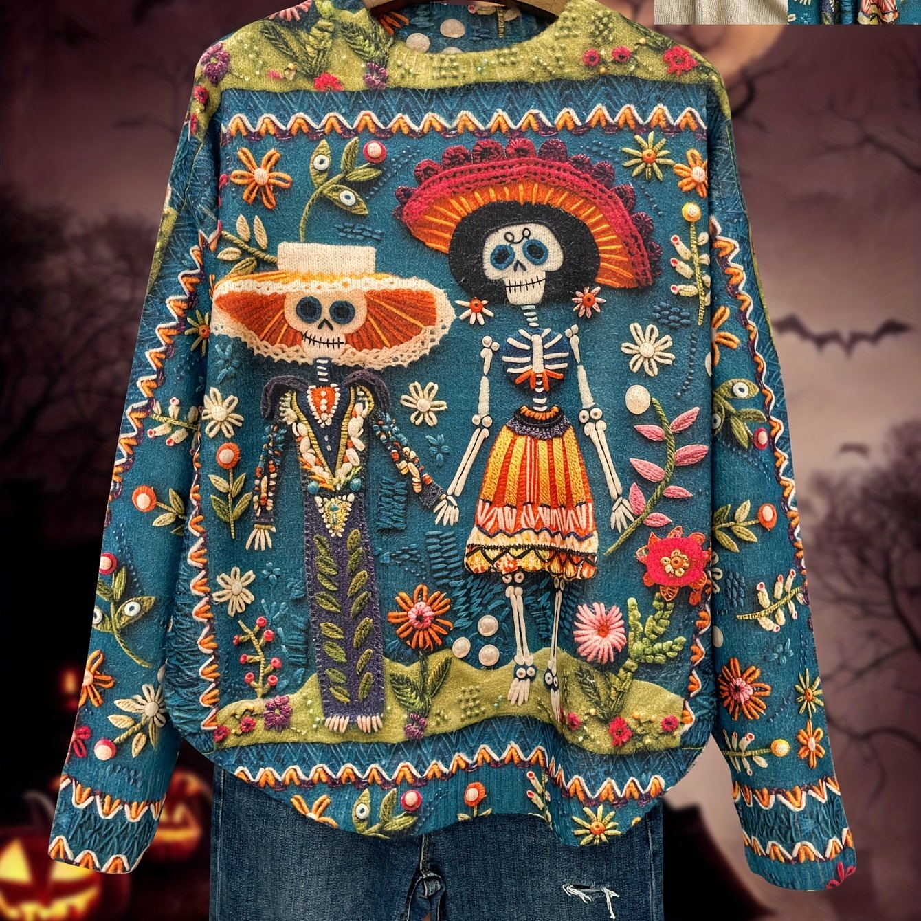 Colorful embroidered sweater with skeleton designs and floral patterns on a dark background.