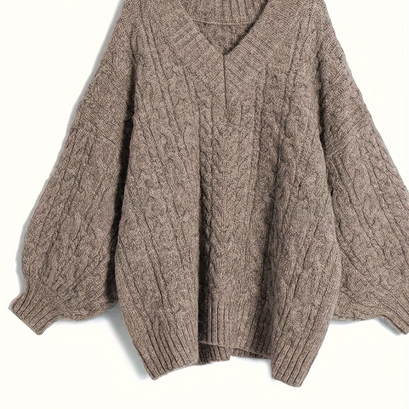 Plus Size V-Neck Cable Knit Sweater - Elegant Long Sleeve Pullover for Fall & Winter