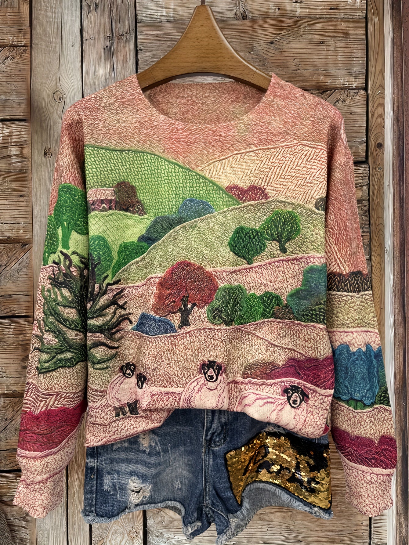 Sweater with landscape design on a wooden background