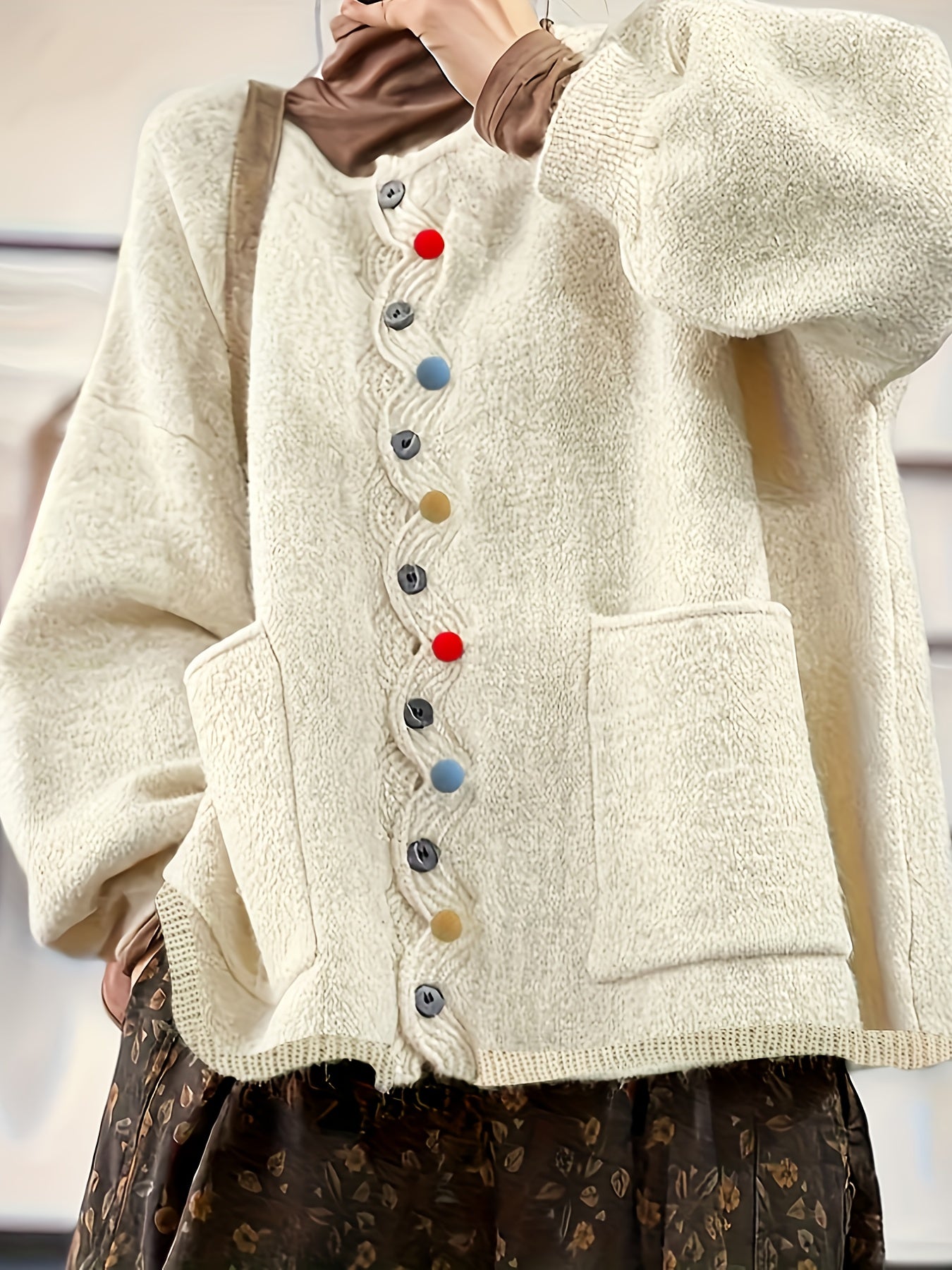 Close-up of a cream-colored cardigan with colorful buttons on a neutral background