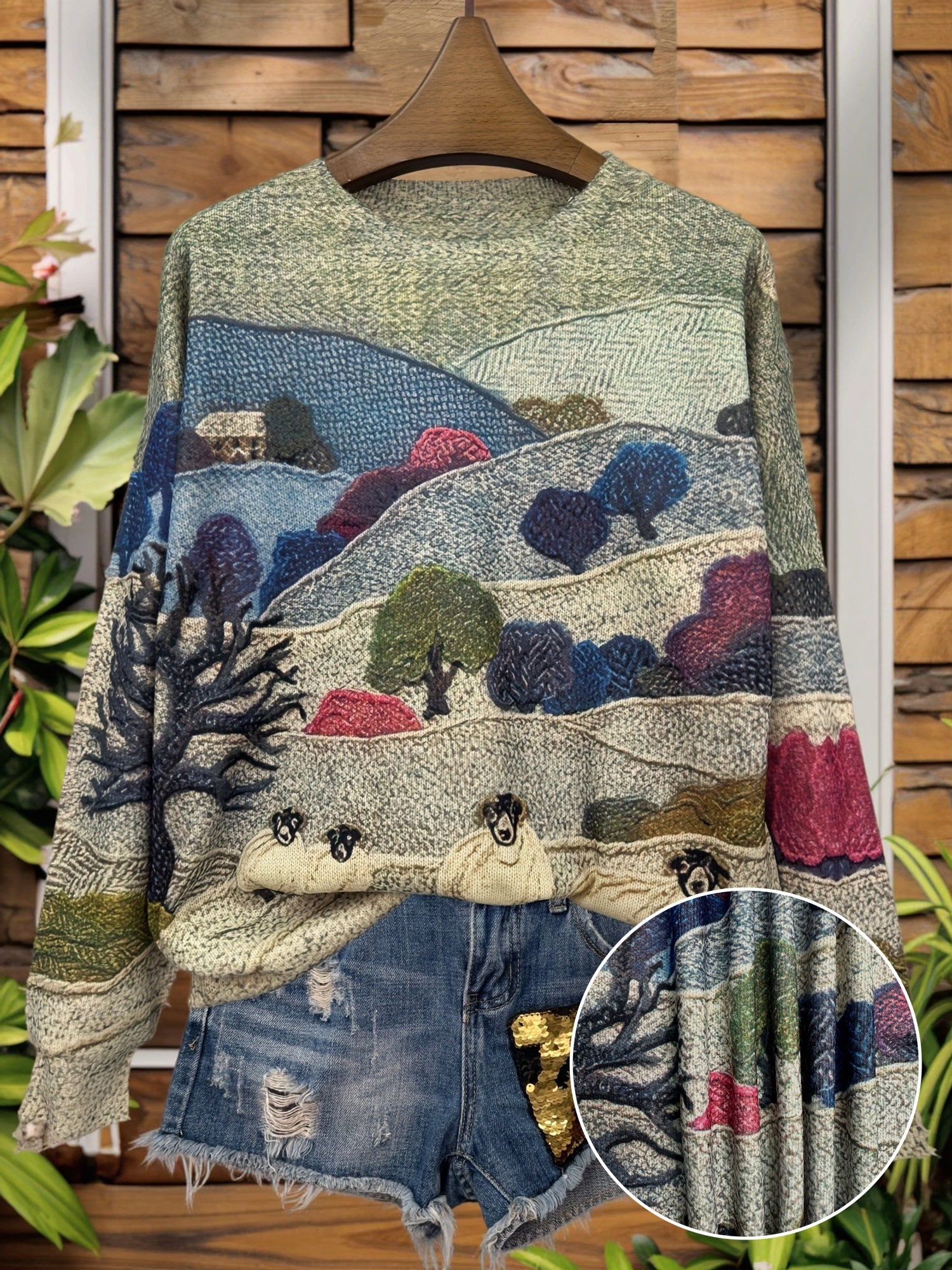 Textile art piece with landscape design hanging against a wooden wall.