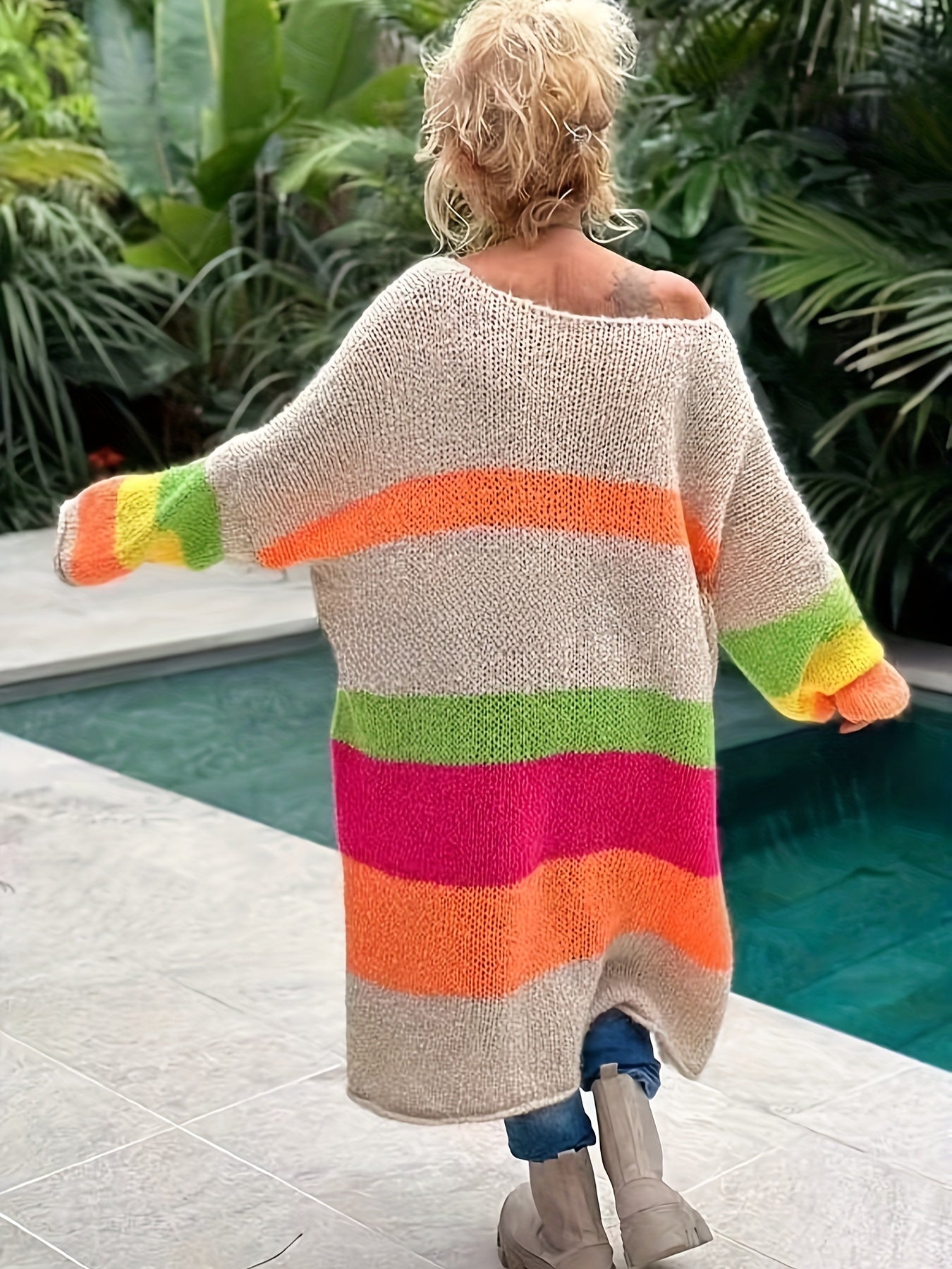 Plus Size Peace Letter Striped Knit Dress - V-Neck Midi