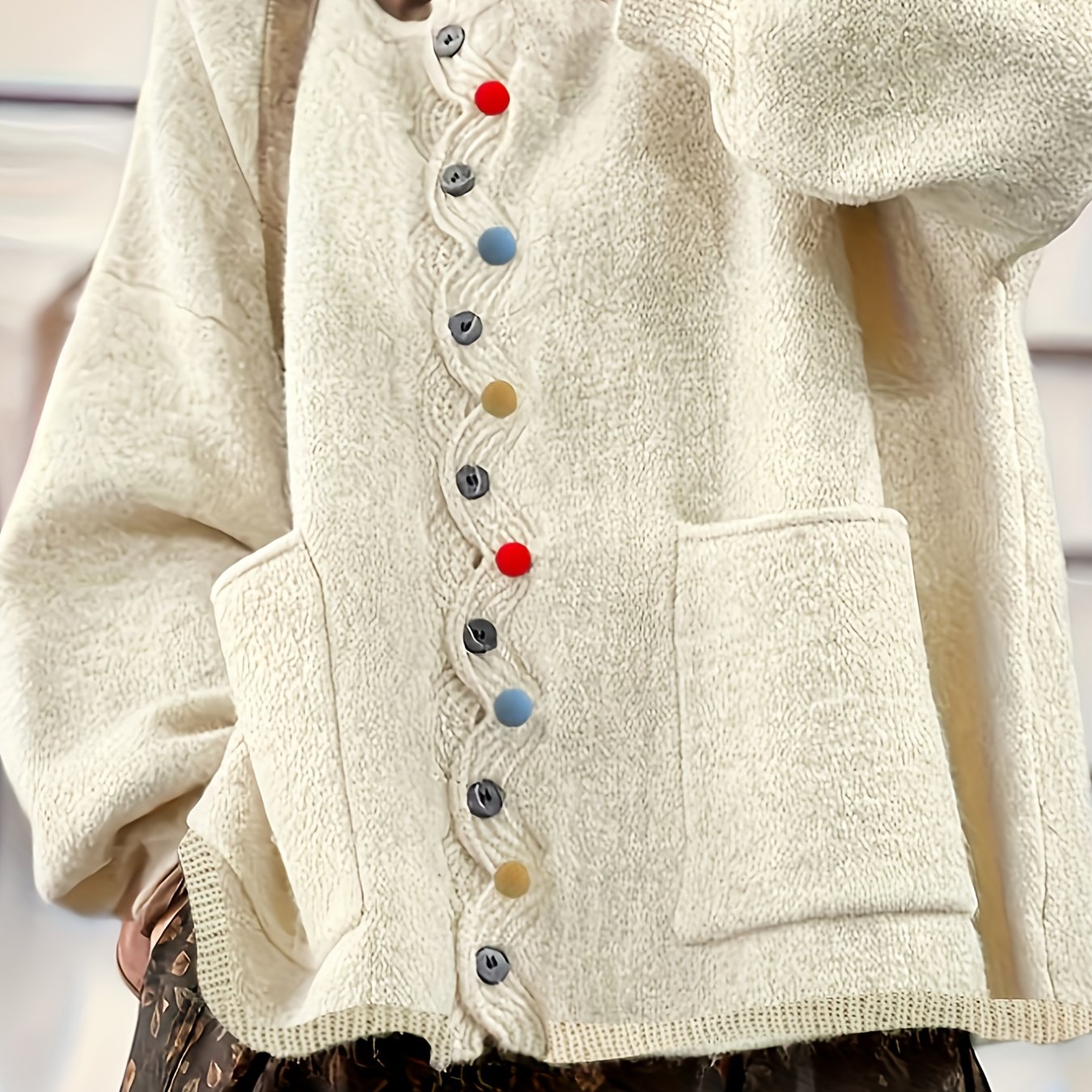Plus Size Oversized Button Detail Sweater - Long Sleeve Crew Neck