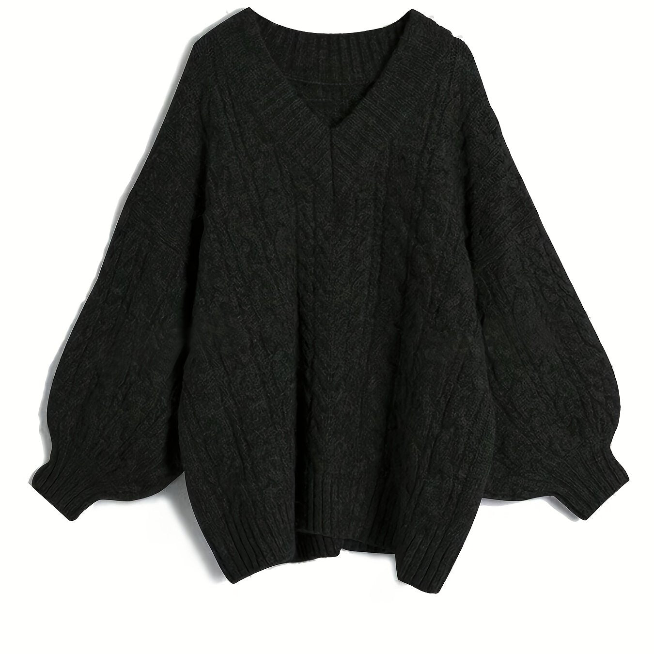 Plus Size V-Neck Cable Knit Sweater - Elegant Long Sleeve Pullover for Fall & Winter