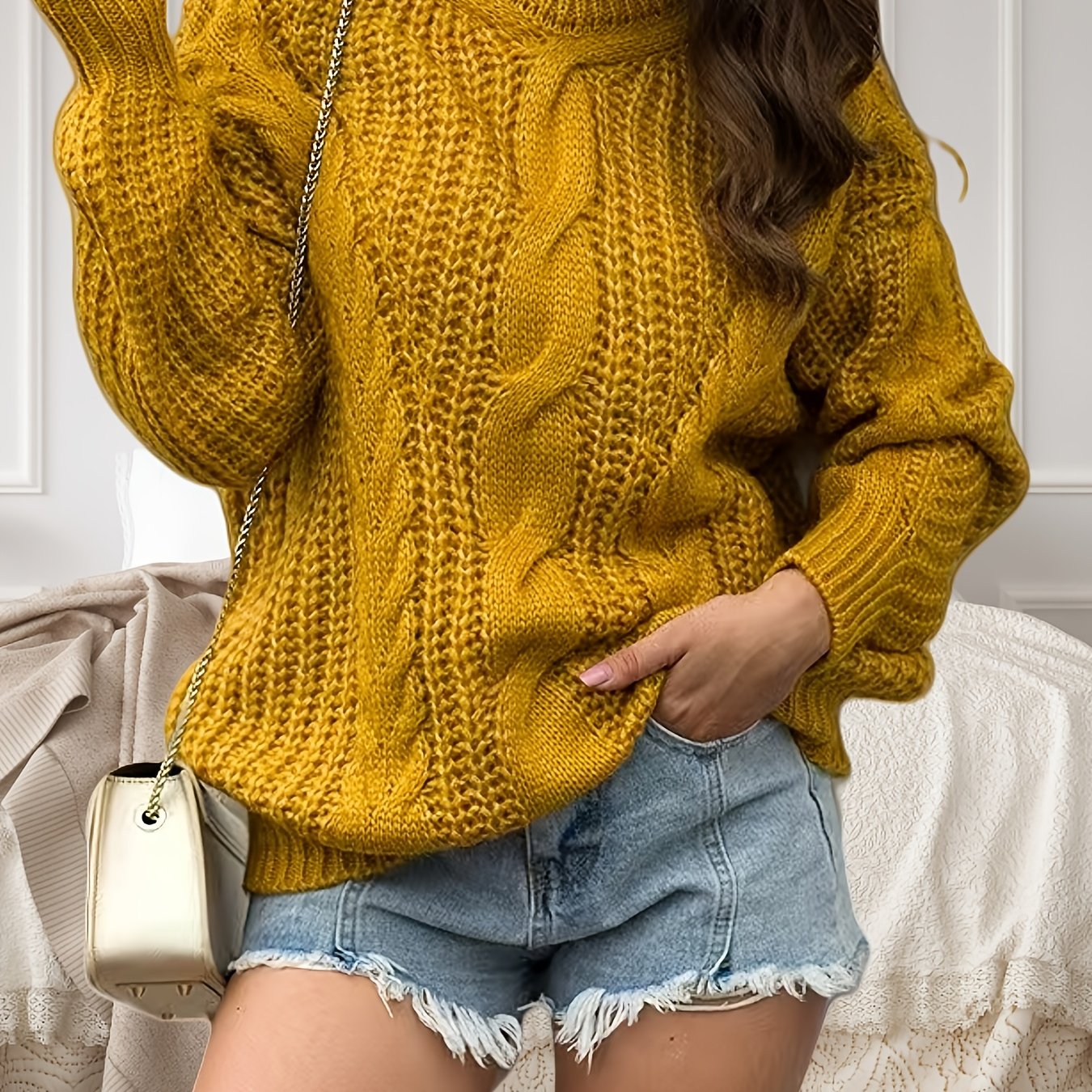 Plus Size - Women'S Plus Size Chunky Cardigan - Cozy High-Neck Cable Sweater in Mustard Yellow, Casual Fall/Winter Style with Frayed Hem Shorts and White Shoulder Bag, Winter Cardigan, Frayed Hem Shorts, Textured Fabric