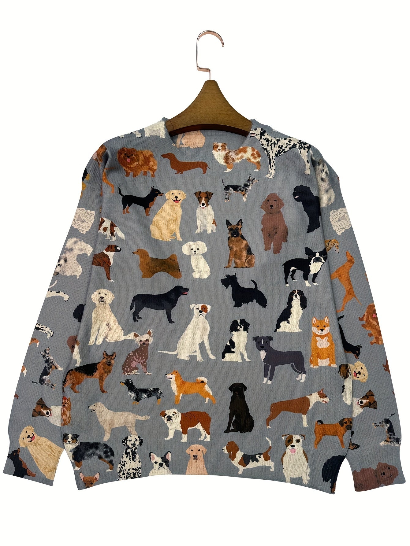 Lightweight Women'S Sweater with a Round Neck And Long Sleeves, Featuring an All-Over Print of a Group of Dogs in a Stylish And Casual Design.