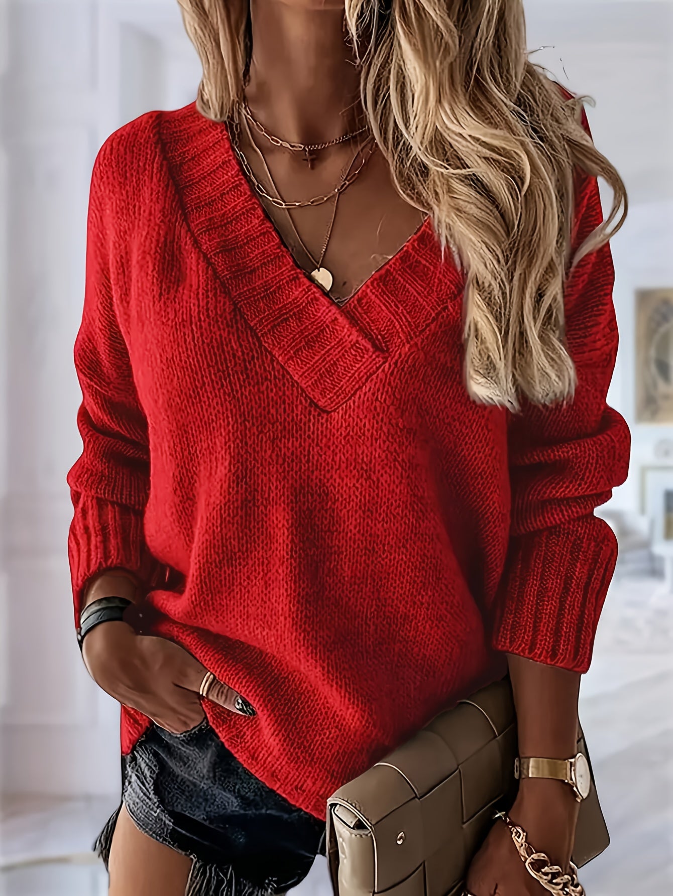 Person wearing a red sweater with a blurred indoor background