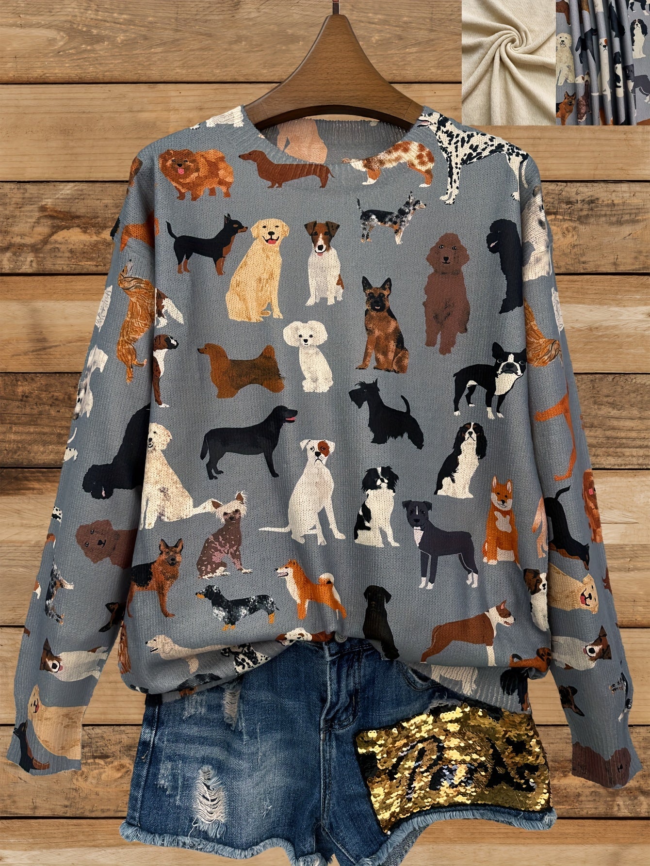Lightweight Women'S Sweater with a Round Neck And Long Sleeves, Featuring an All-Over Print of a Group of Dogs in a Stylish And Casual Design.