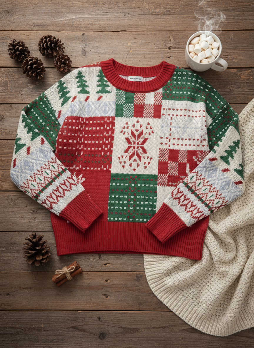 Christmas sweater flat lay with holiday props