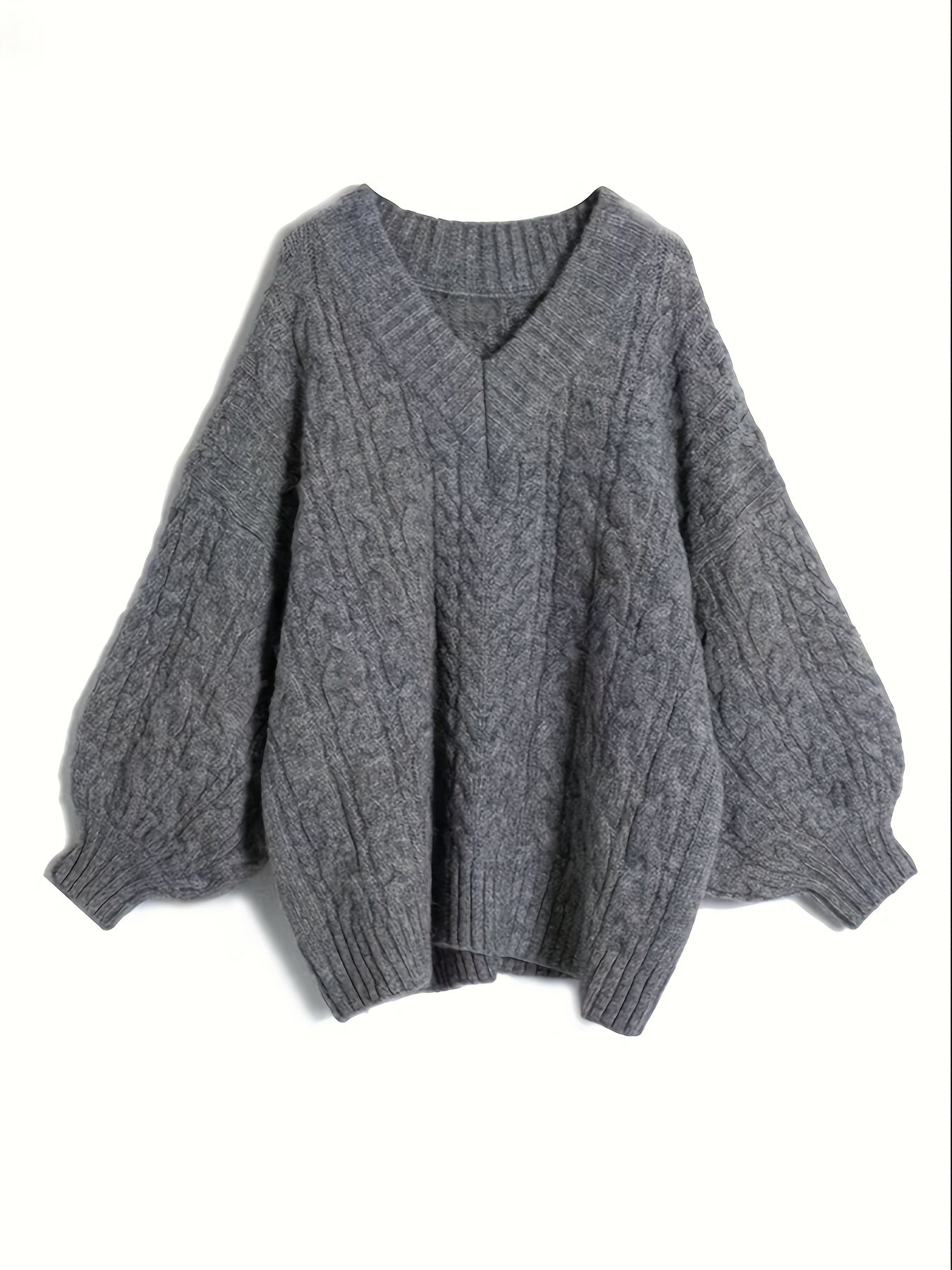 Gray cable knit sweater on a white background