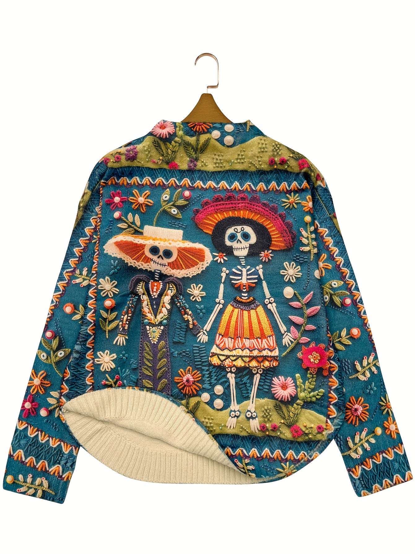 Colorful embroidered jacket with skeleton design on a hanger