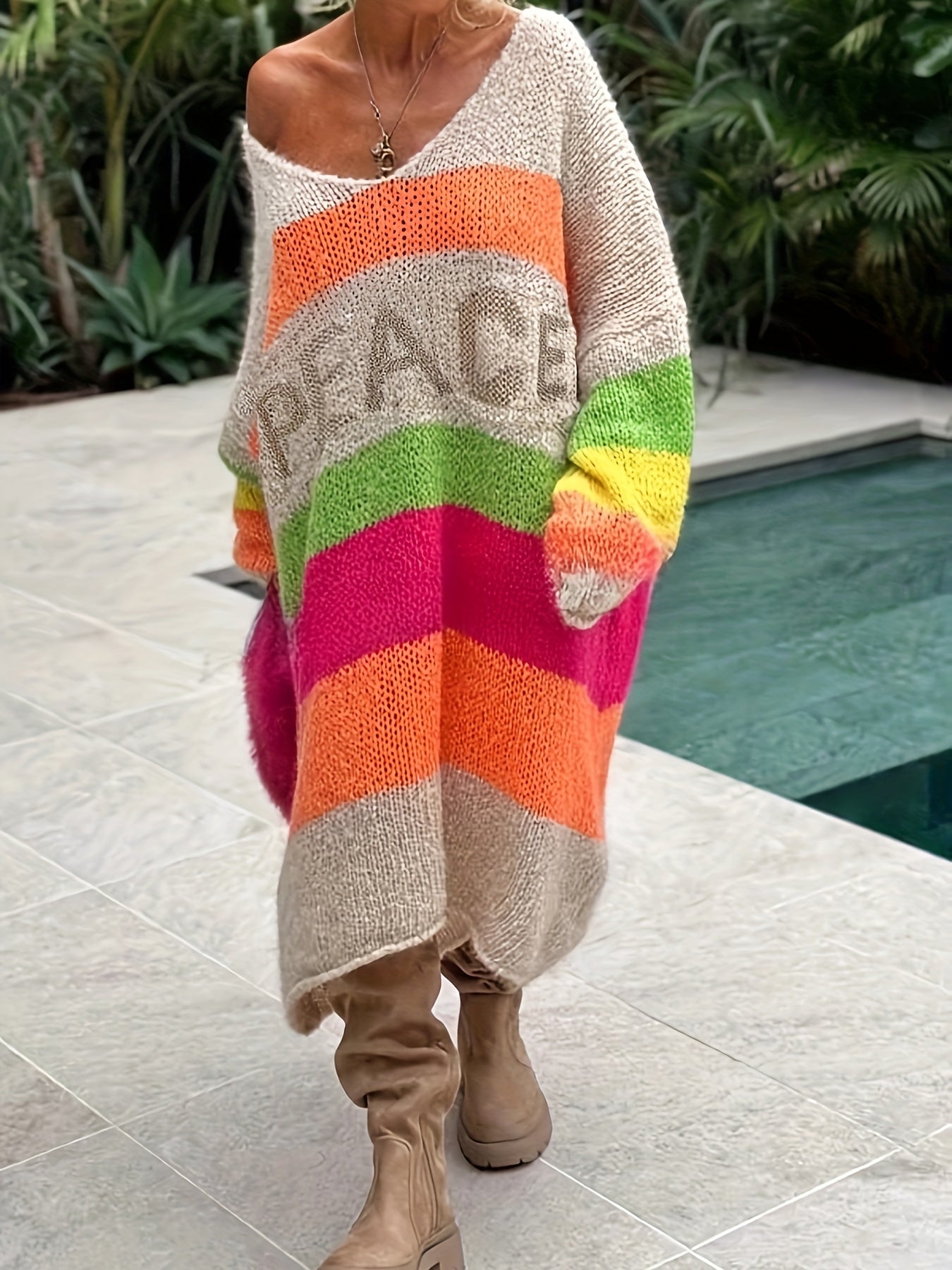 Plus Size Peace Letter Striped Knit Dress - V-Neck Midi
