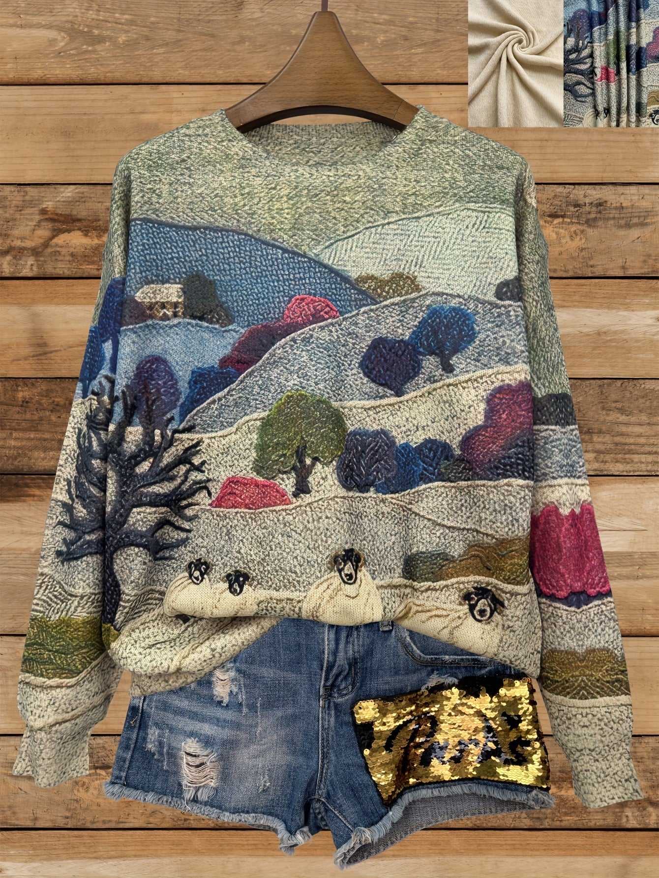 Sweater with landscape design on a wooden background