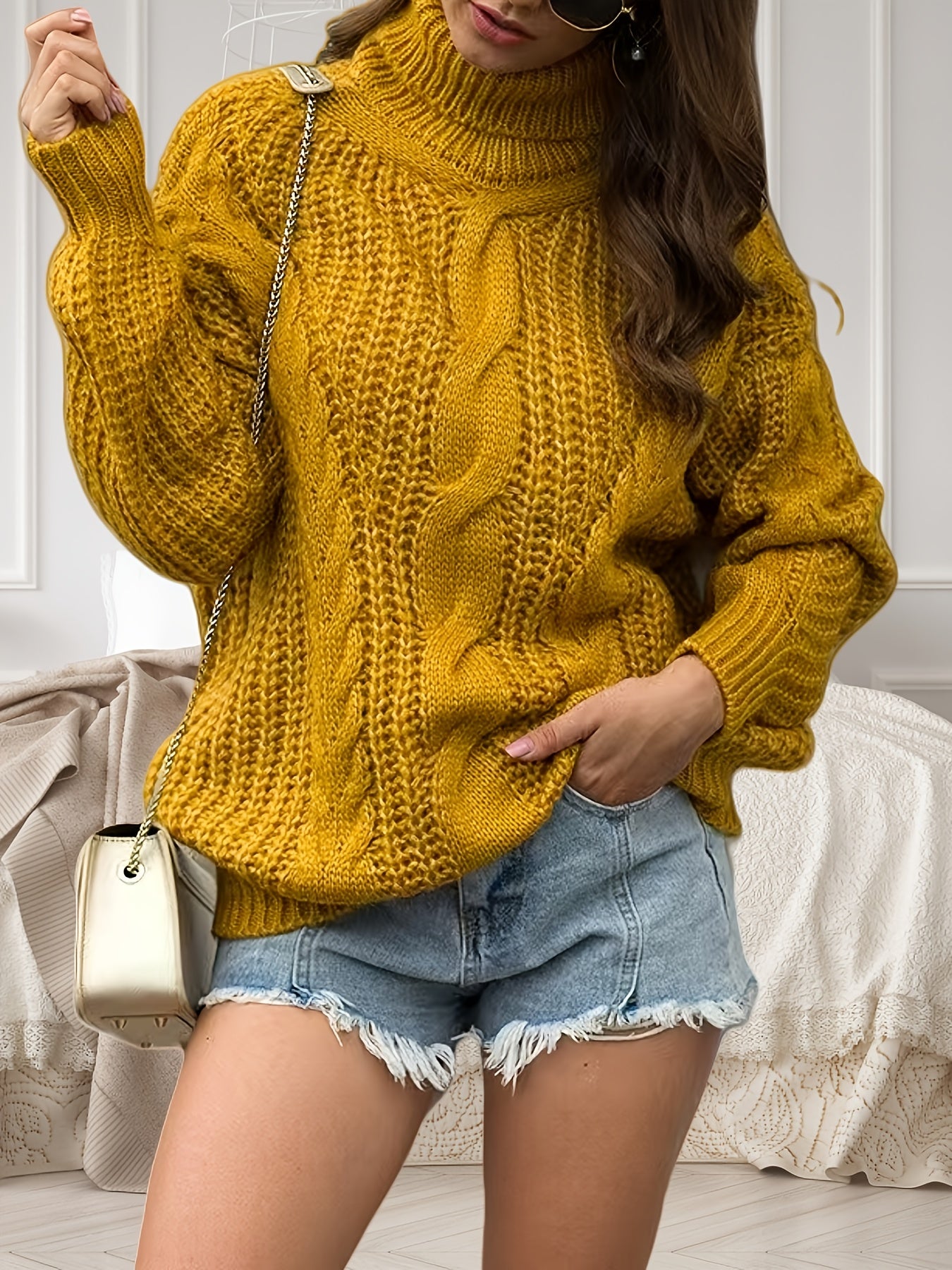 Plus Size - Women'S Plus Size Chunky Cardigan - Cozy High-Neck Cable Sweater in Mustard Yellow, Casual Fall/Winter Style with Frayed Hem Shorts and White Shoulder Bag, Winter Cardigan, Frayed Hem Shorts, Textured Fabric