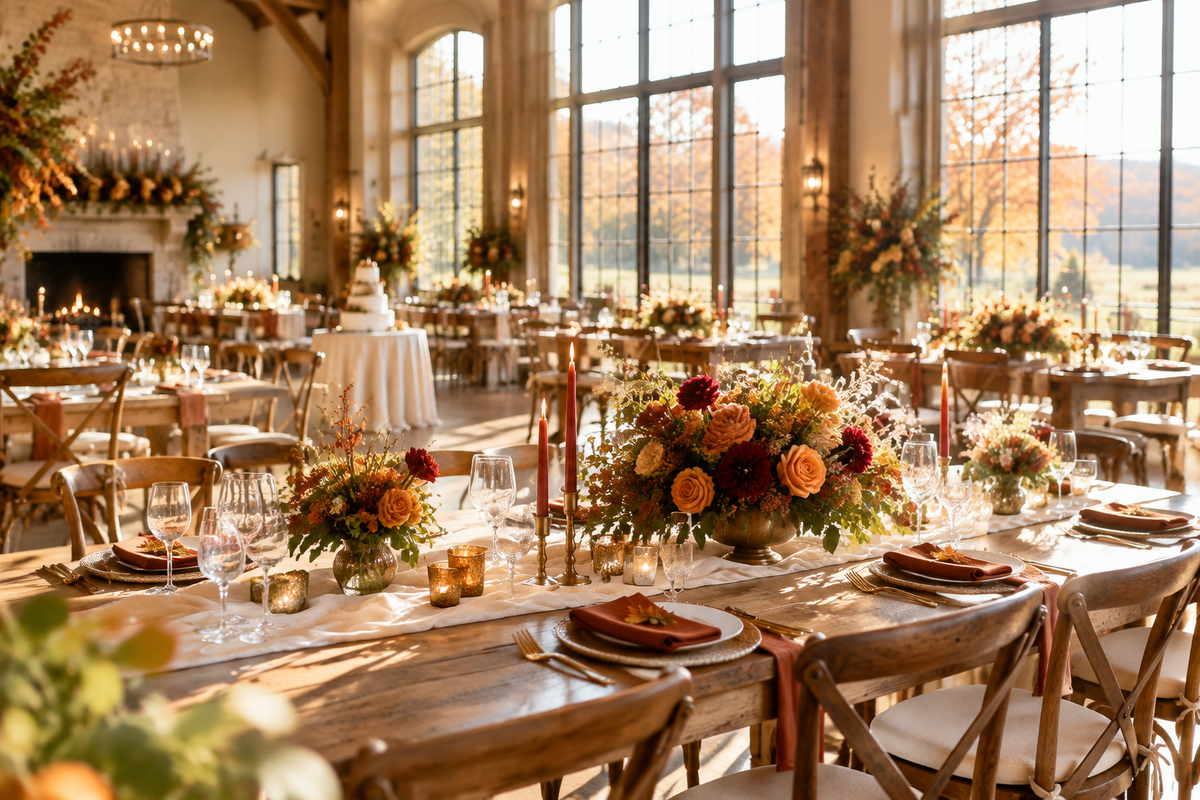 Elegant daytime autumn wedding reception with golden light, rustic wooden tables, and burgundy fall floral centerpieces