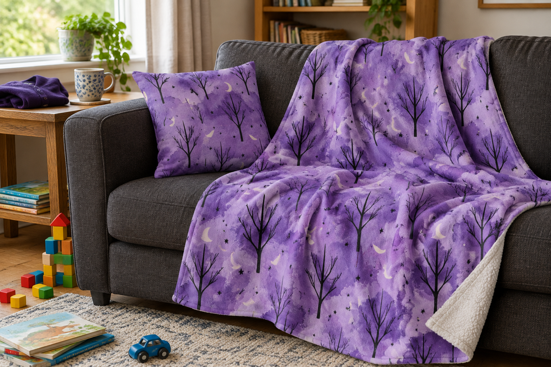 Illustrative Moonlit Forest blanket and matching pillow styled in a lived-in family room