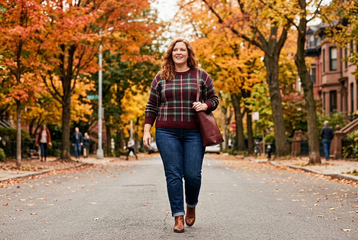 Fall outfit inspiration featuring a plaid sweater styled with dark jeans and boots