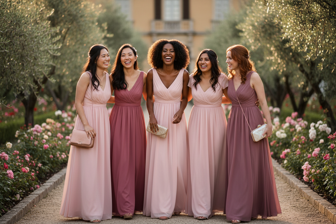 Coordinated Ombre Bridesmaids: Blush to Mauve + Neutral Bags