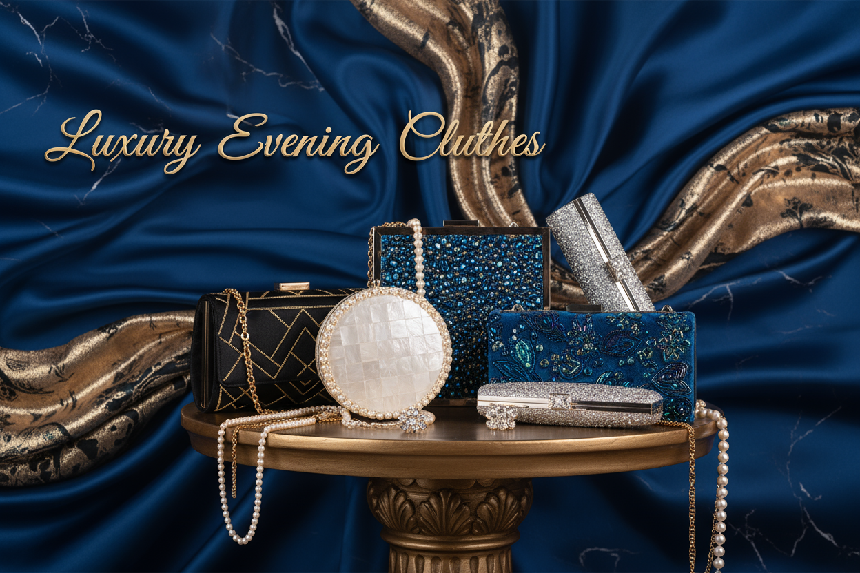 The banner features sophisticated evening clutches with glamorous styling perfect for weddings, galas, and formal events!