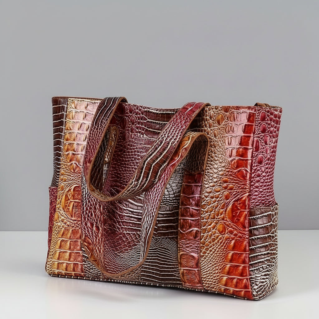 Brown and red textured handbag on a white surface with a gray background