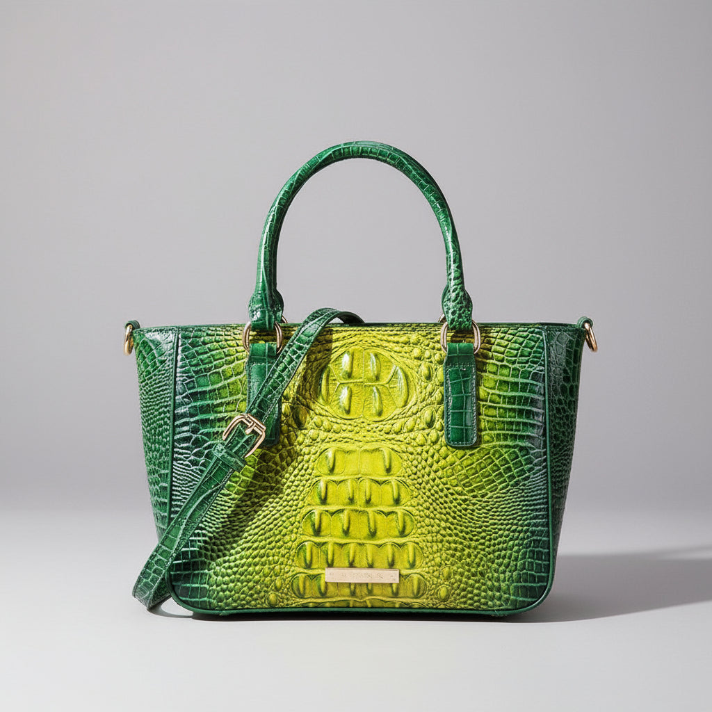 Green textured handbag with a strap on a white surface with a dark background
