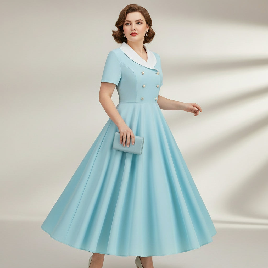 Light blue dress with short sleeves and button details on a white background