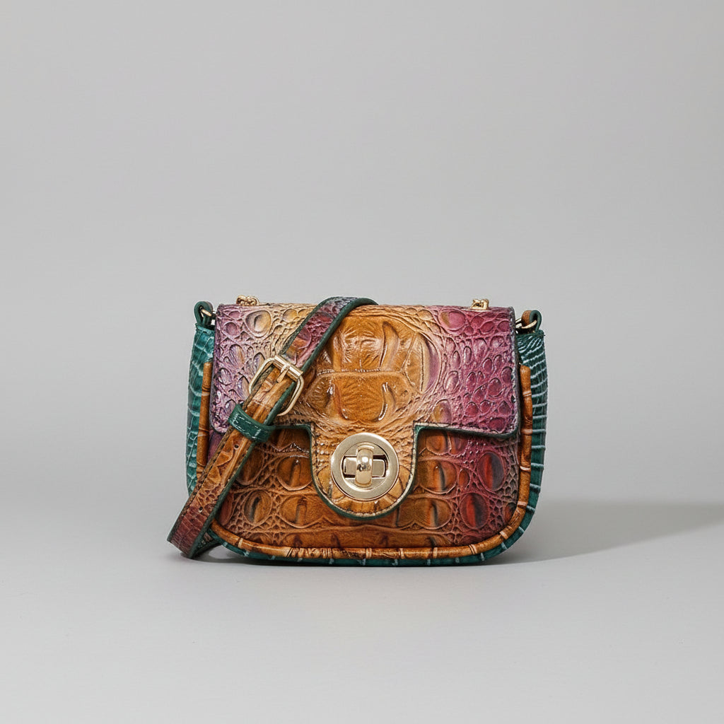 Multicolored leather handbag with crocodile pattern on a wooden surface