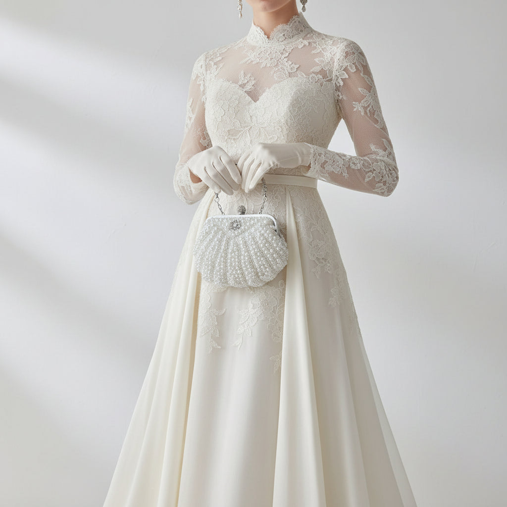 White beaded handbag with silver accents on a neutral background