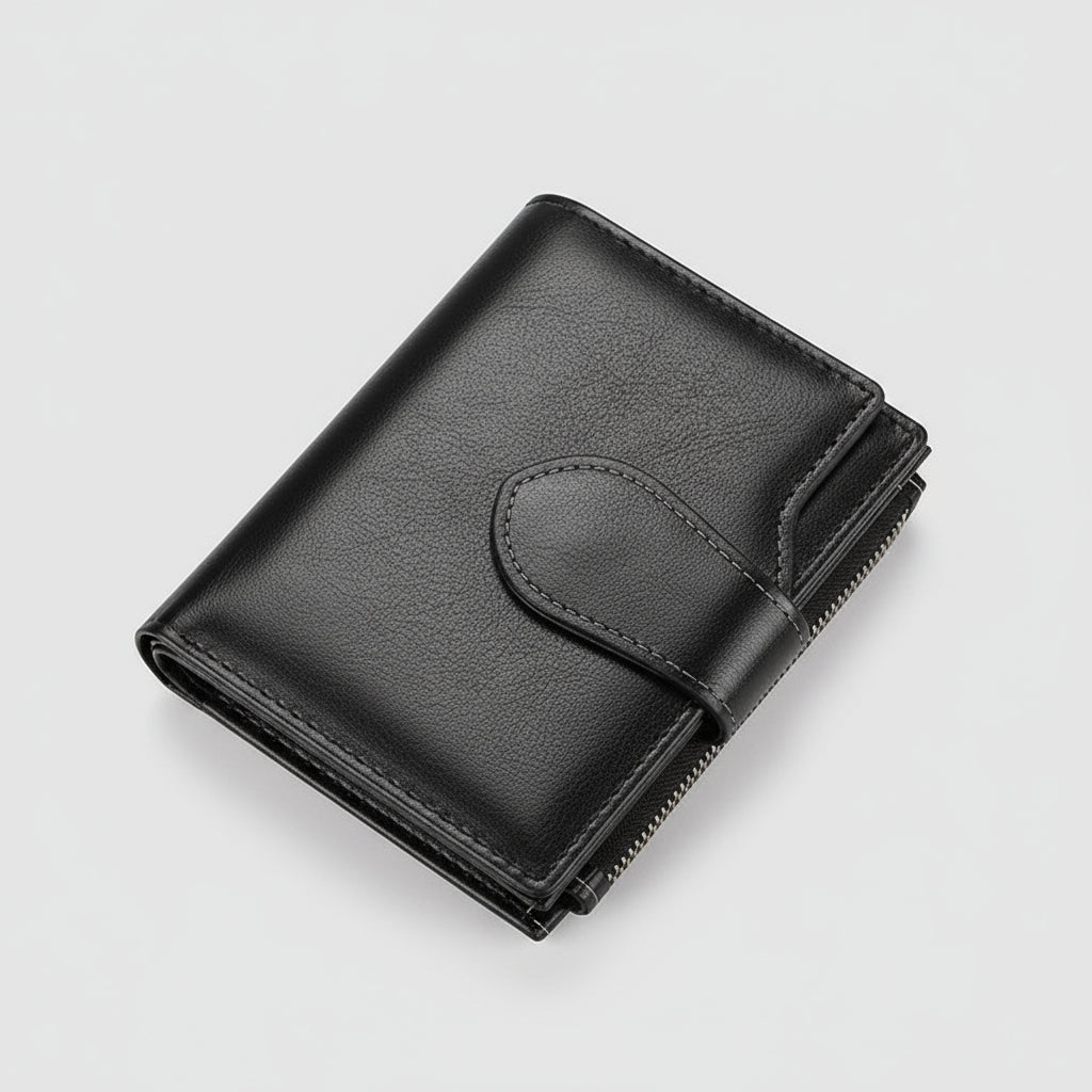 Black wallet with card holder on a beige background