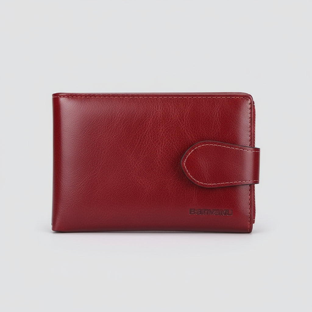 Wine red wallet with card slots on a beige background