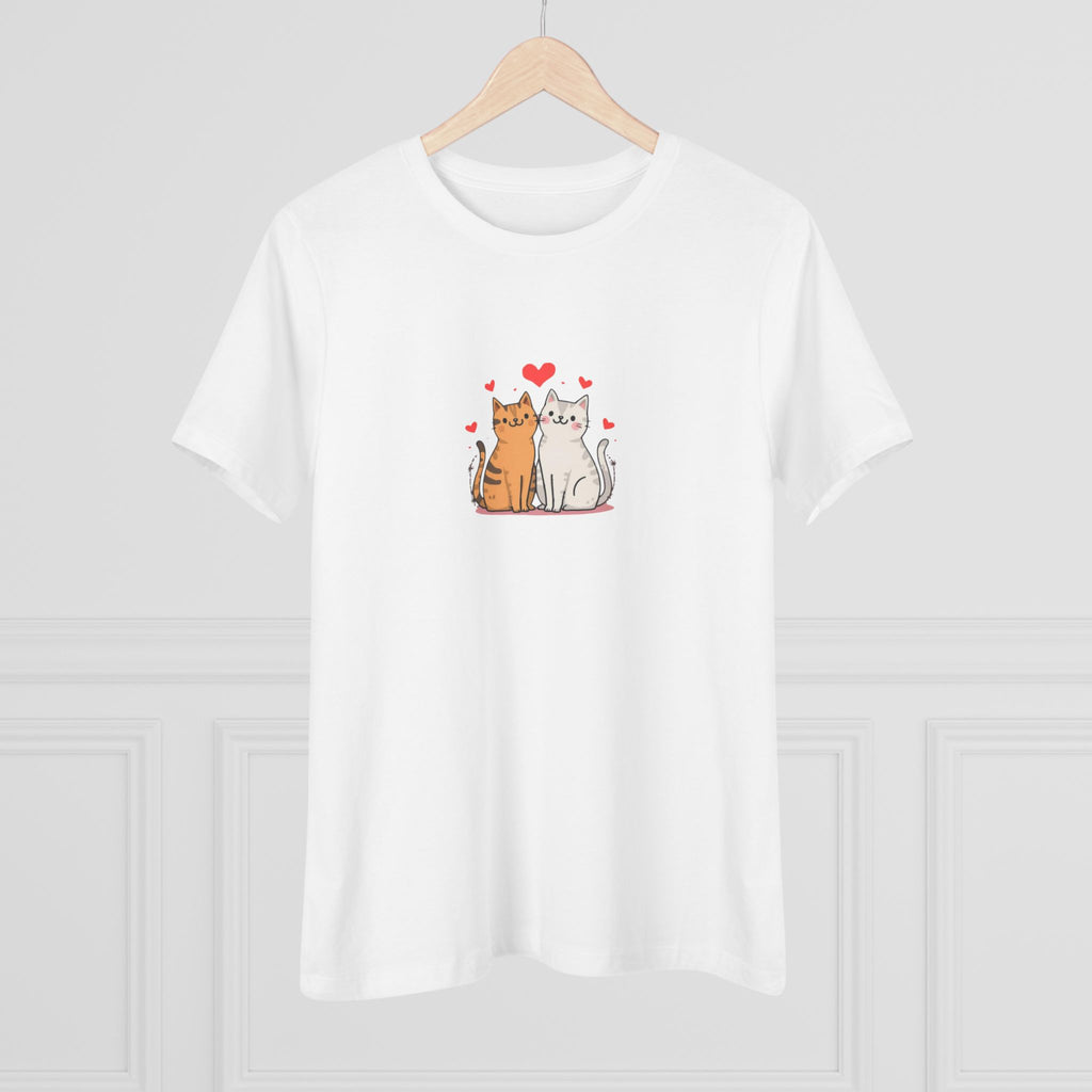 Cat Couple Cotton Tee - Cute Cats with Hearts Valentine's Shirt for Women