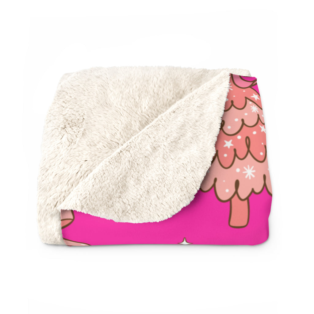 Pink Christmas Tree & Bow Sherpa Fleece Blanket