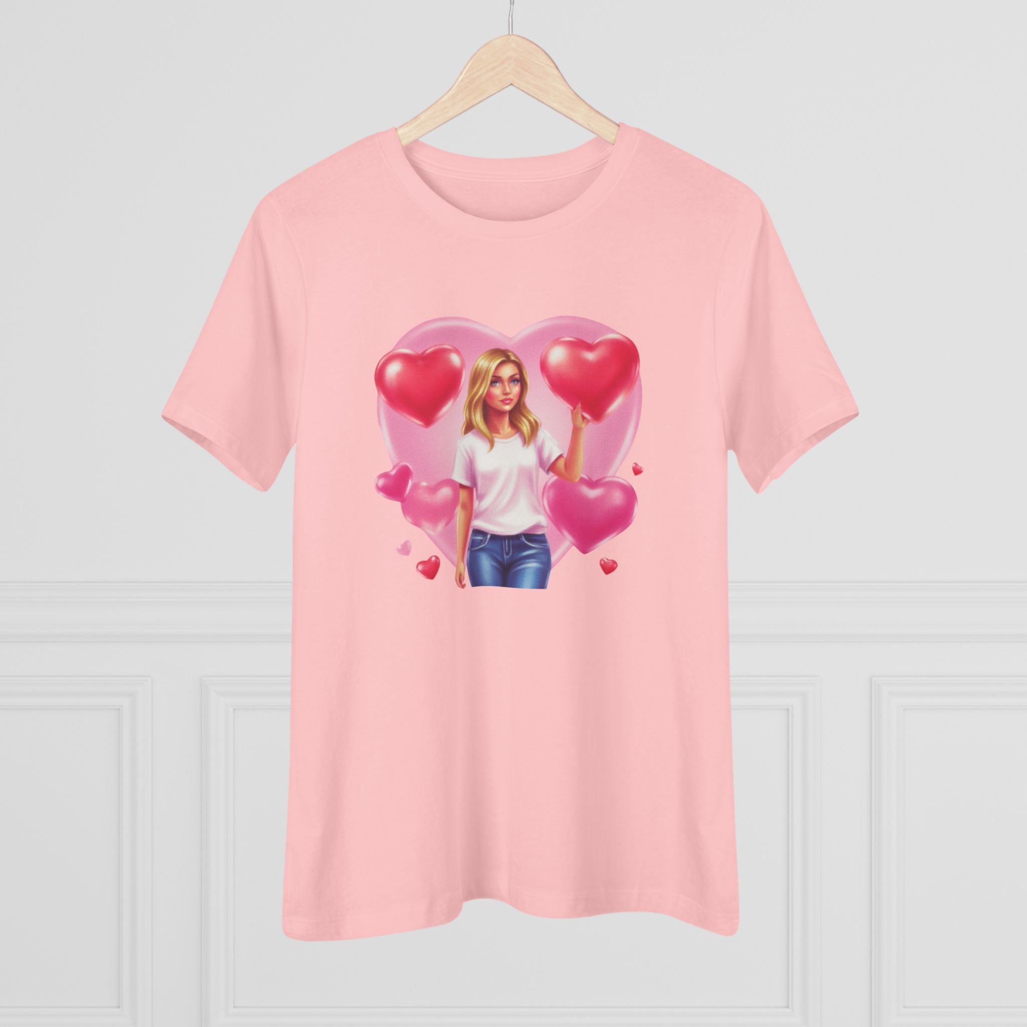 Heart Balloon Cotton Tee - Girl with Pink Heart Balloons Graphic Shirt for Women