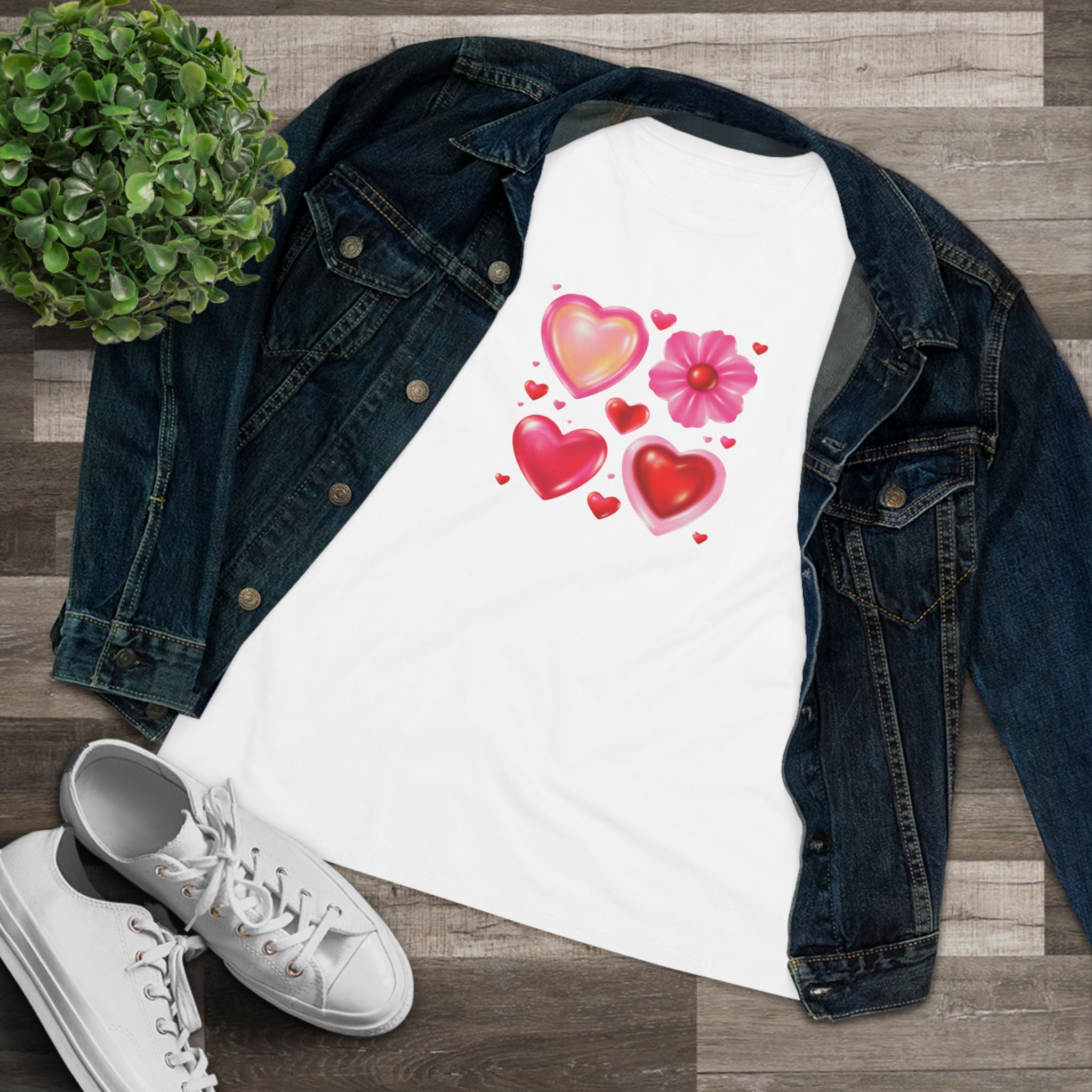 Hearts & Flower Cotton Tee - Valentine's Day Love Graphic Shirt for Women