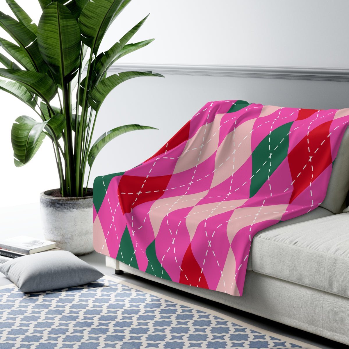 Pink, Green & Red Argyle Sherpa Fleece Blanket