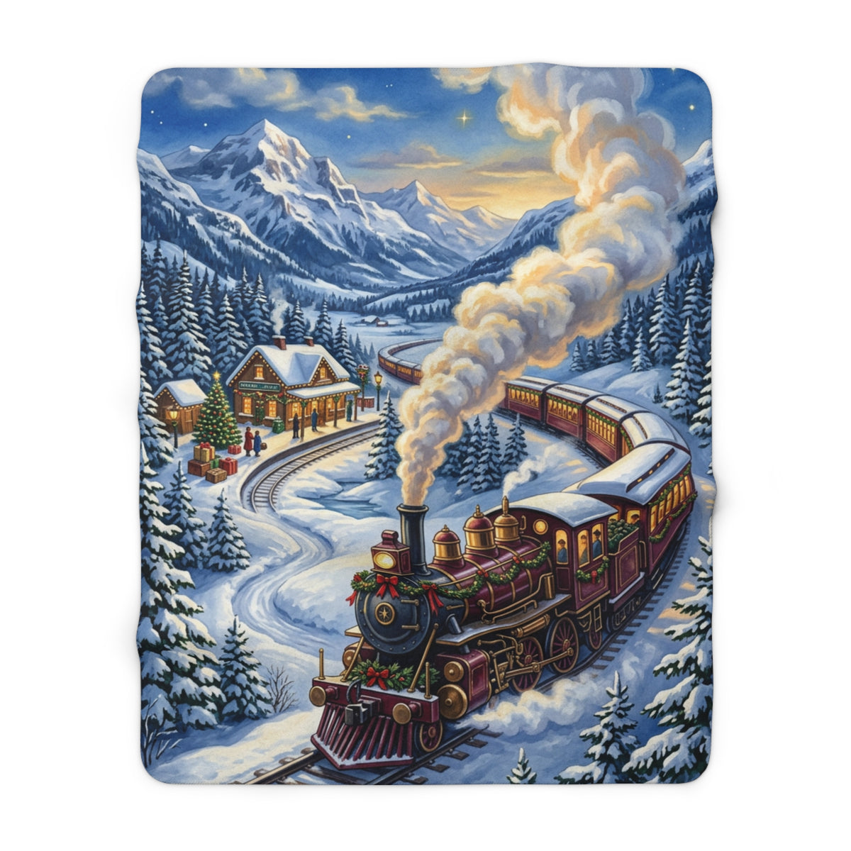 Winter Mountain Train Sherpa Fleece Blanket