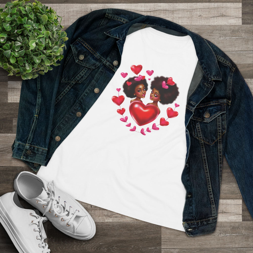 Afro Love Heart Cotton Tee - Black Sisters Valentine's Graphic Shirt for Women