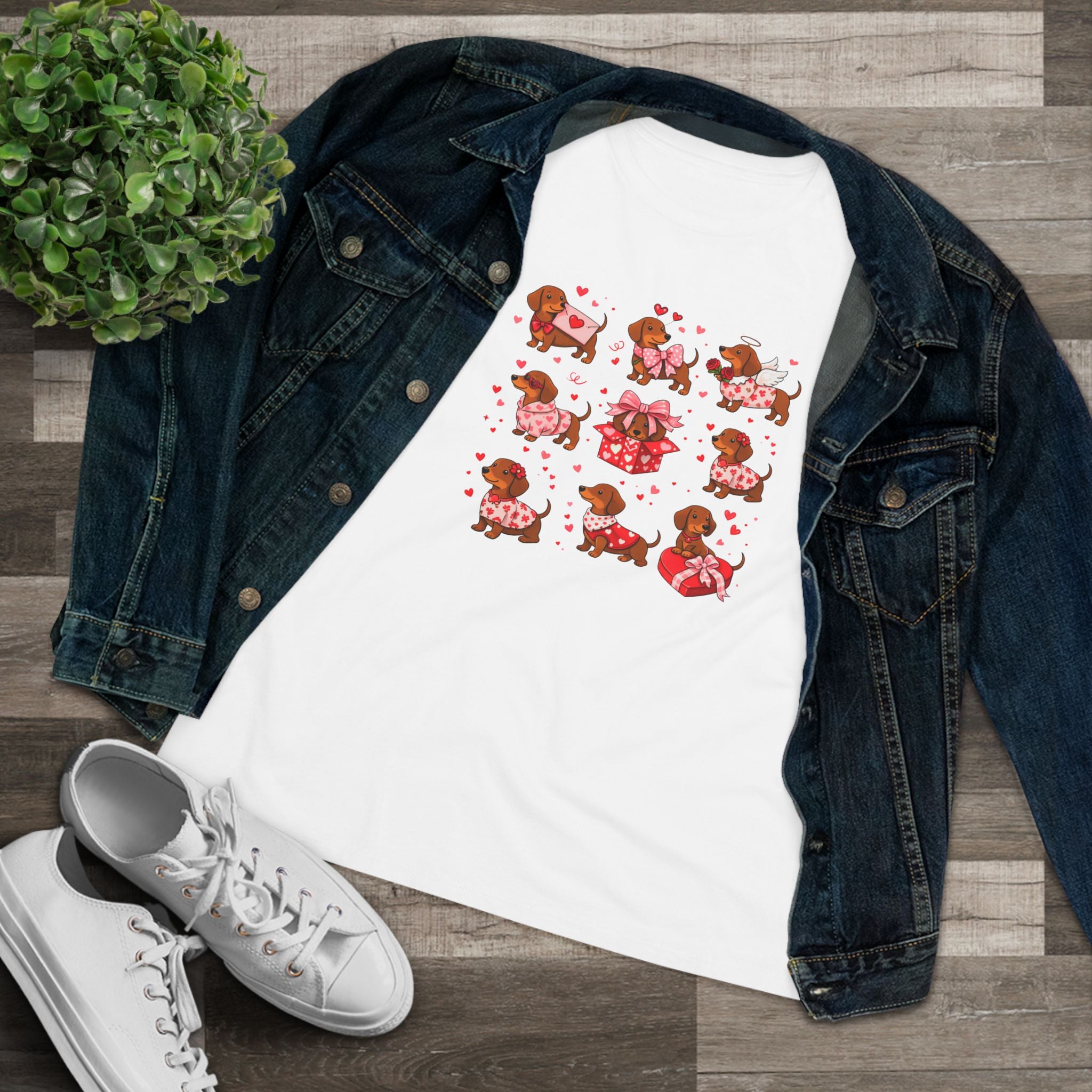 Dachshund Heart Pattern Cotton Tee - Valentine's Wiener Dog Graphic Shirt for Women